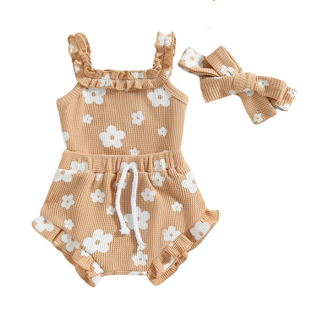 Daisy Romper and Bummies Set - Beige Baby outfit set including a white sleeveless bodysuit with pink floral pattern, matching shorts, and a bow headband