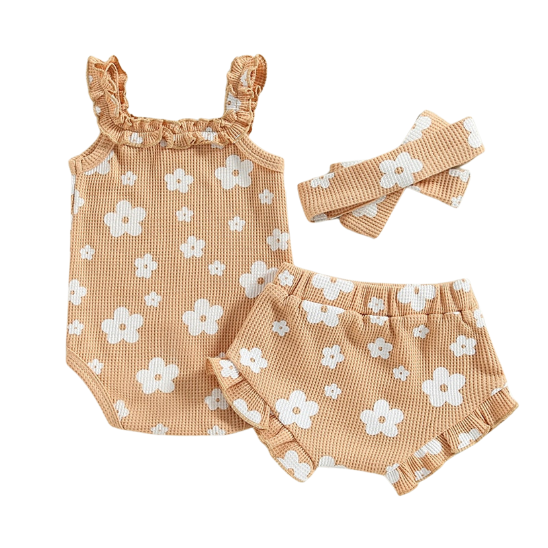 Daisy Romper and Bummies Set - Beige Baby outfit set including a white sleeveless bodysuit with pink floral pattern, matching shorts, and a bow headband