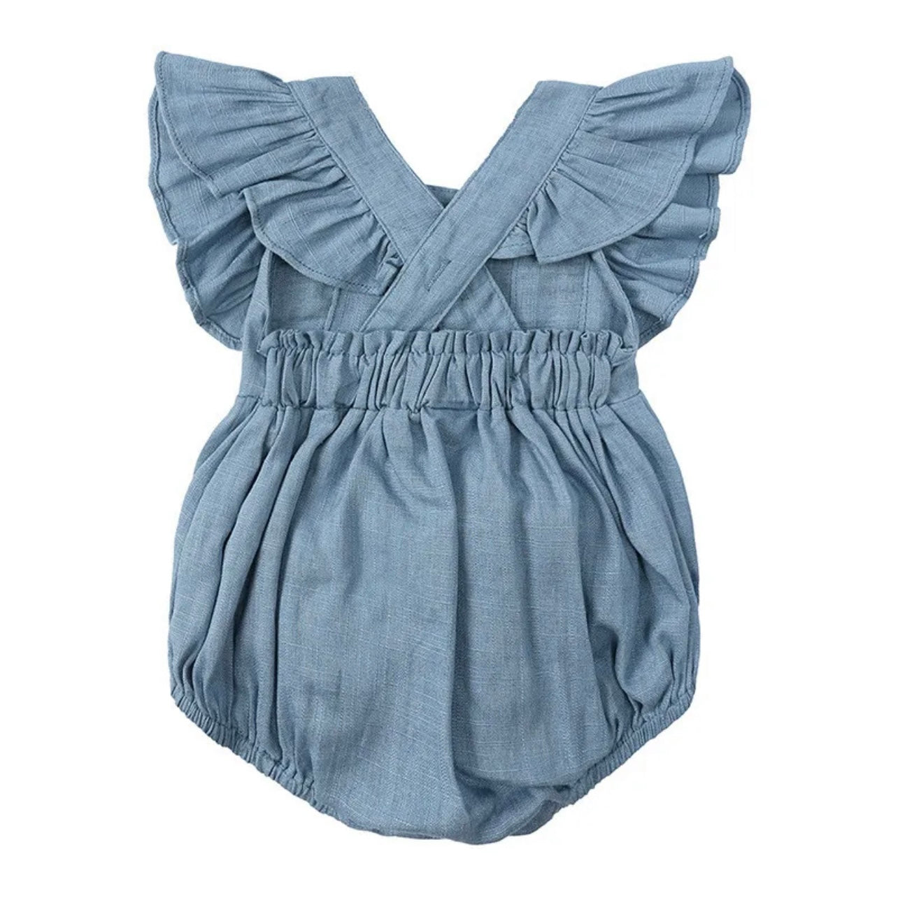 Linen Ruffle Romper - Blue Our adorable baby linen ruffle romper