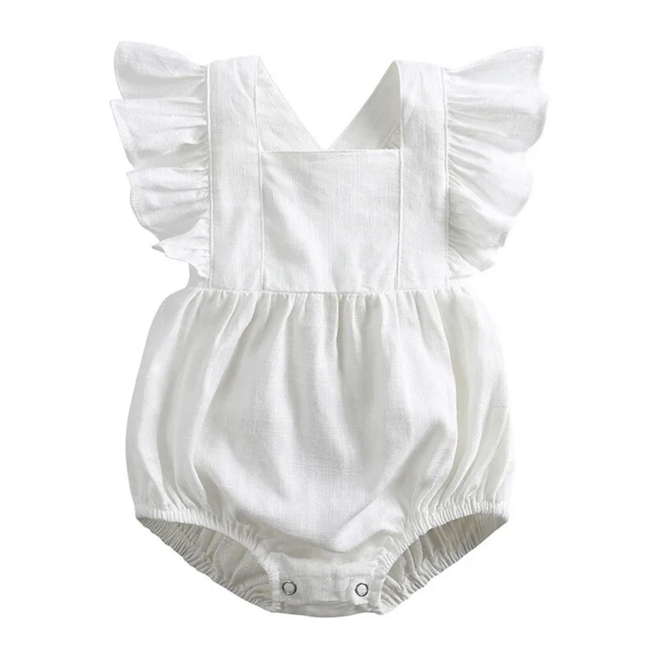 Linen Ruffle Romper - White Our adorable baby linen ruffle romper