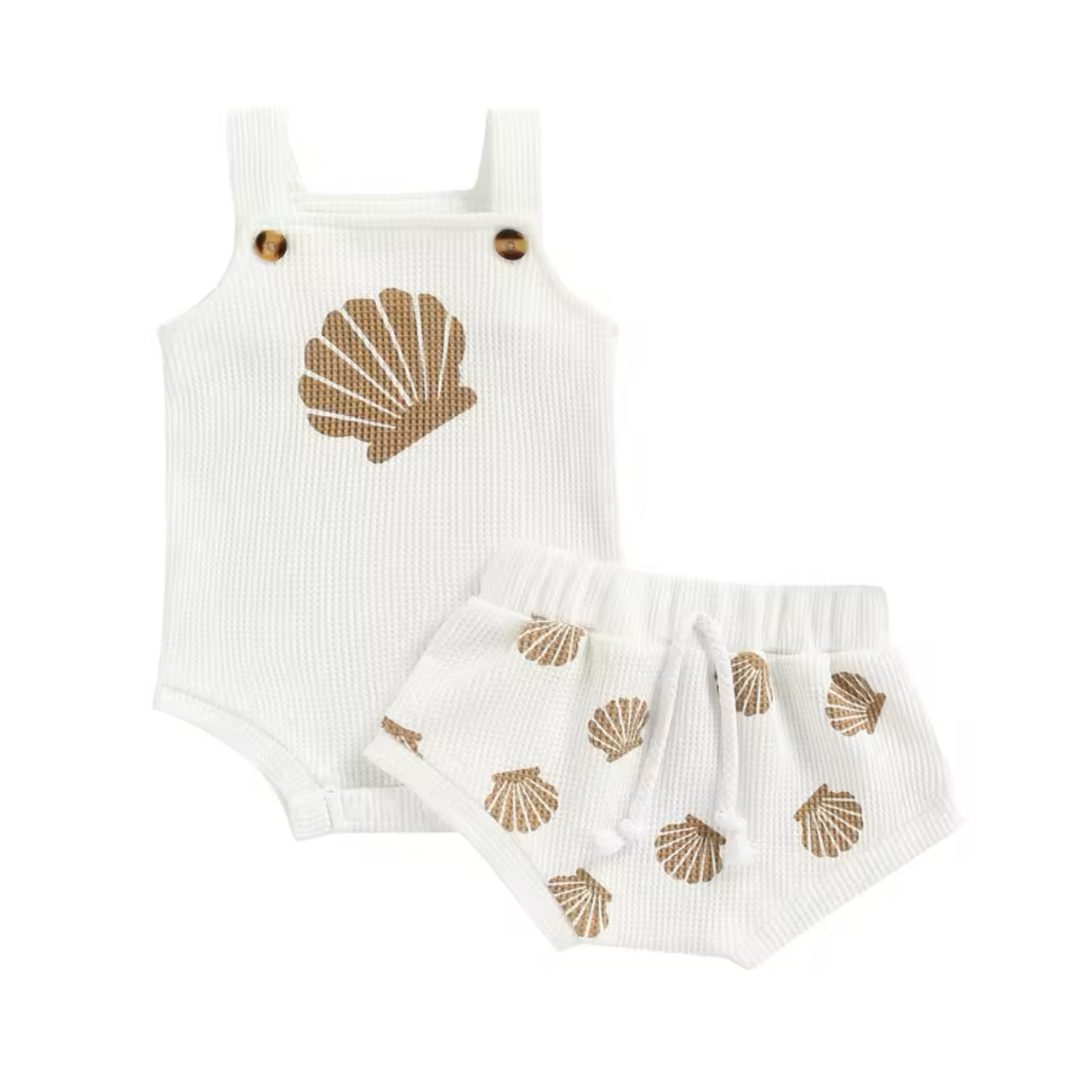 Shell Romper and Bummies Set - White Our Baby shell romper and bummies set in white