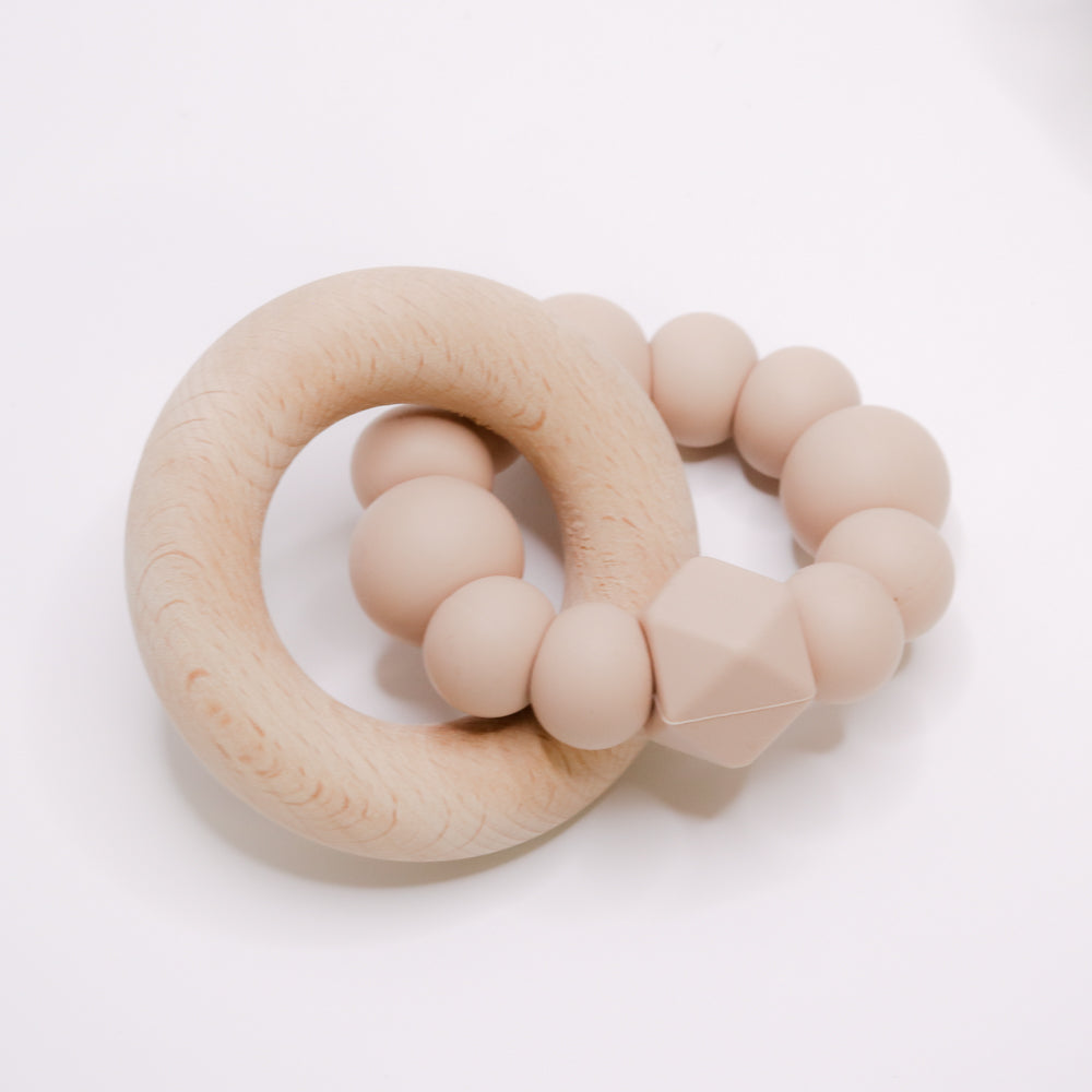 Silicone and Beechwood Teething Ring Classic Teether Toy Oatmeal