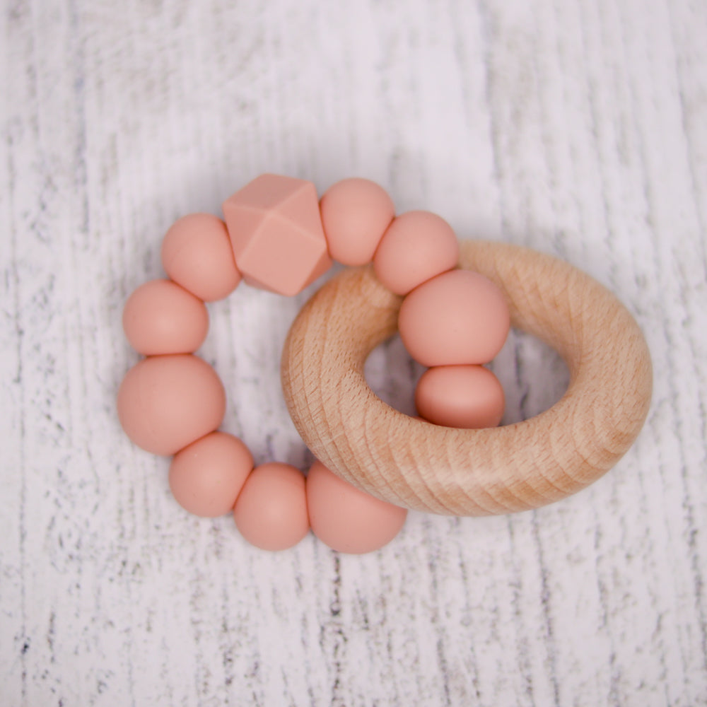 teething toy silicone teething ring with beechwood ring
