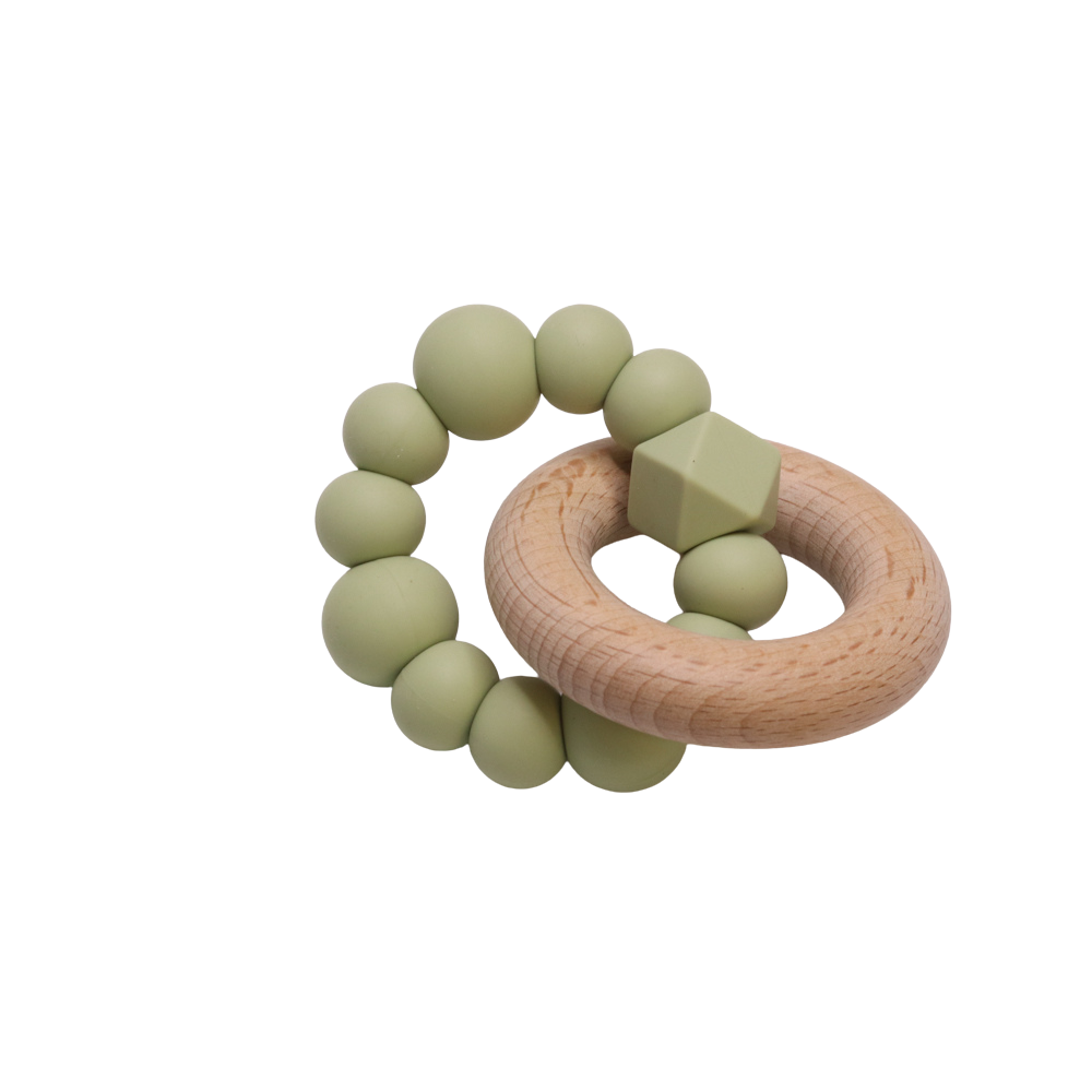 Silicone and Beechwood Teething Ring Classic Teether Toy Subtle Sage