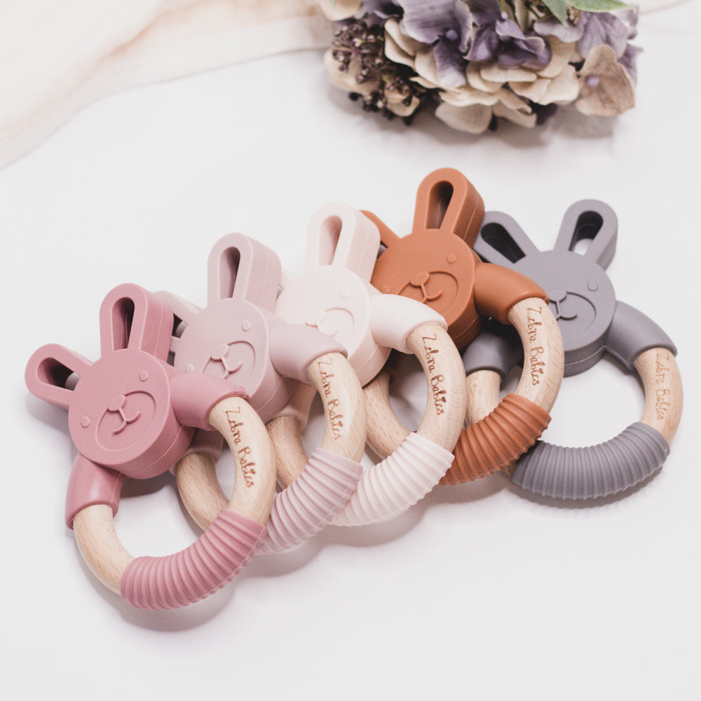 silicone bunny teether rabbit wood bunny rabbit teether teething toy