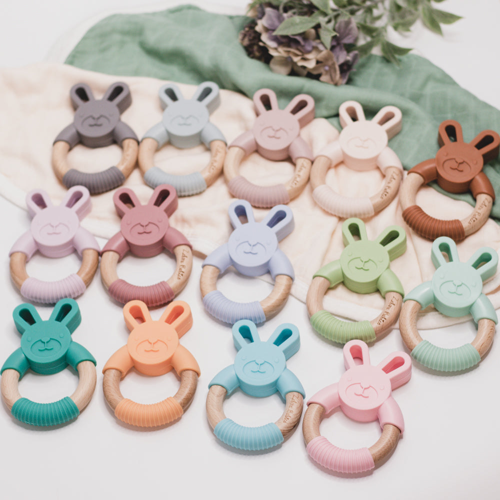 silicone bunny teether rabbit wood bunny rabbit teether teething toy