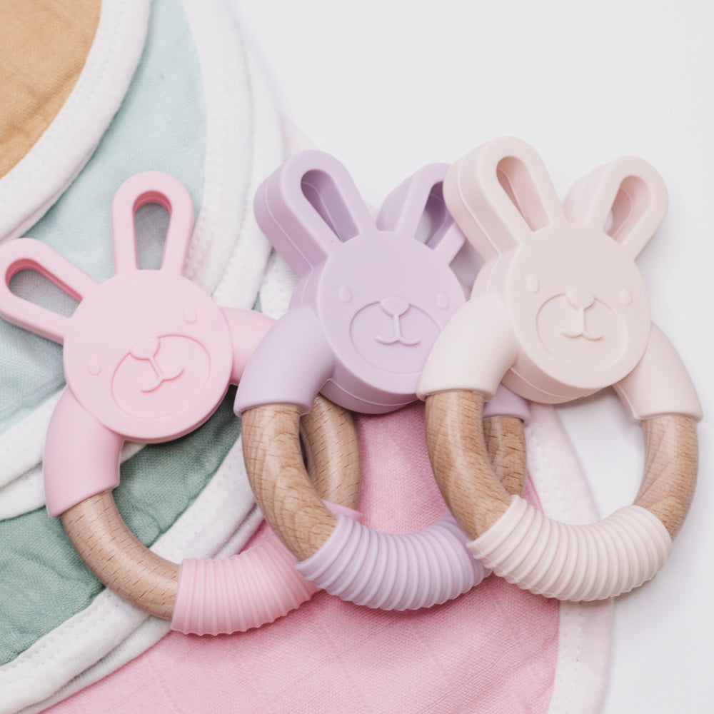 silicone bunny teether rabbit wood bunny rabbit teether teething toy