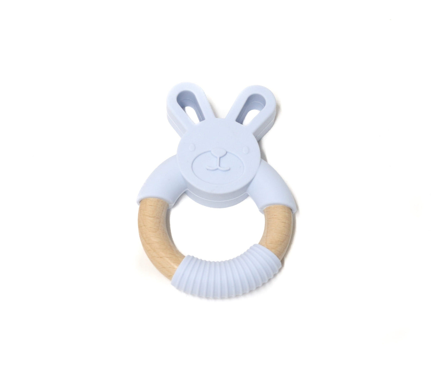 Silicone and Wood Bunny Teether Teething Toy Baby Blue