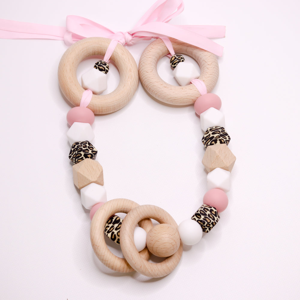 Silicone and Wood Pram Garland Vintage blush, White & Leopard