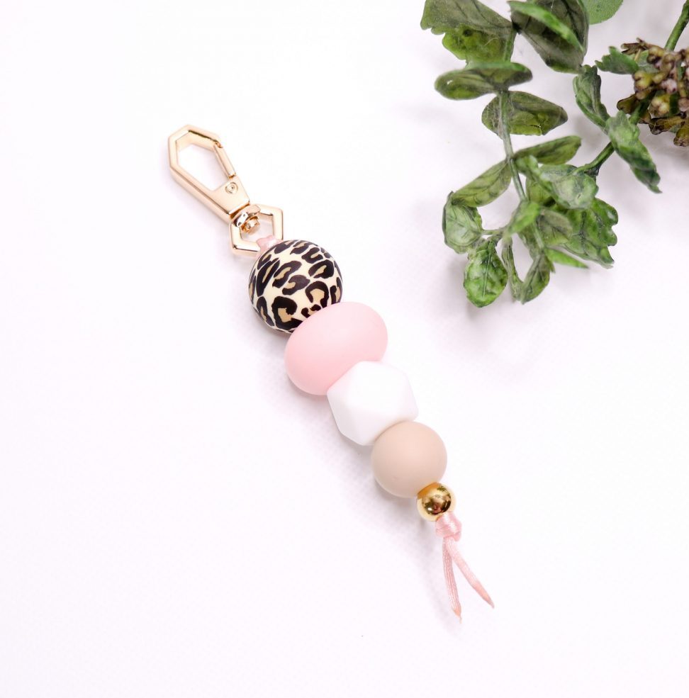 Silicone Bead Keychain - Gold, Rose Quartz and Leopard silicone keychain lanyard silicone handmade keychain silicone bead keychain