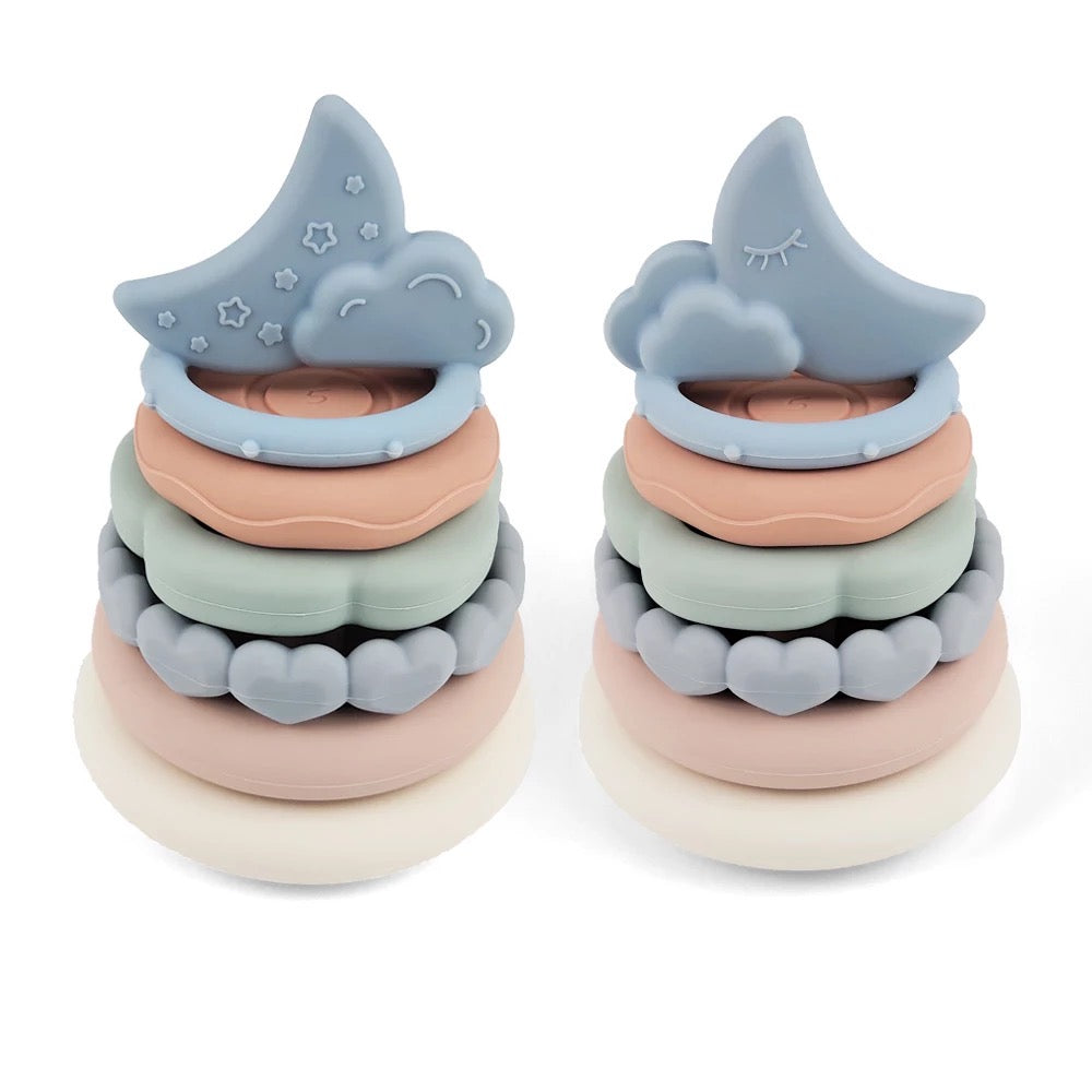 Silicone stacking Teething Rings teething toy - Moon silicone stacking rings - toy and teether in one. 6 gorgeous rings thats stack perfectly, each piece locks int