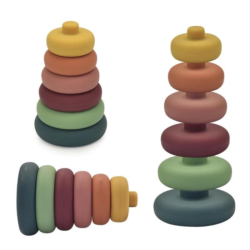 Silicone stacking tower teething toy - Round neutral tone stacker stacking shape toy
