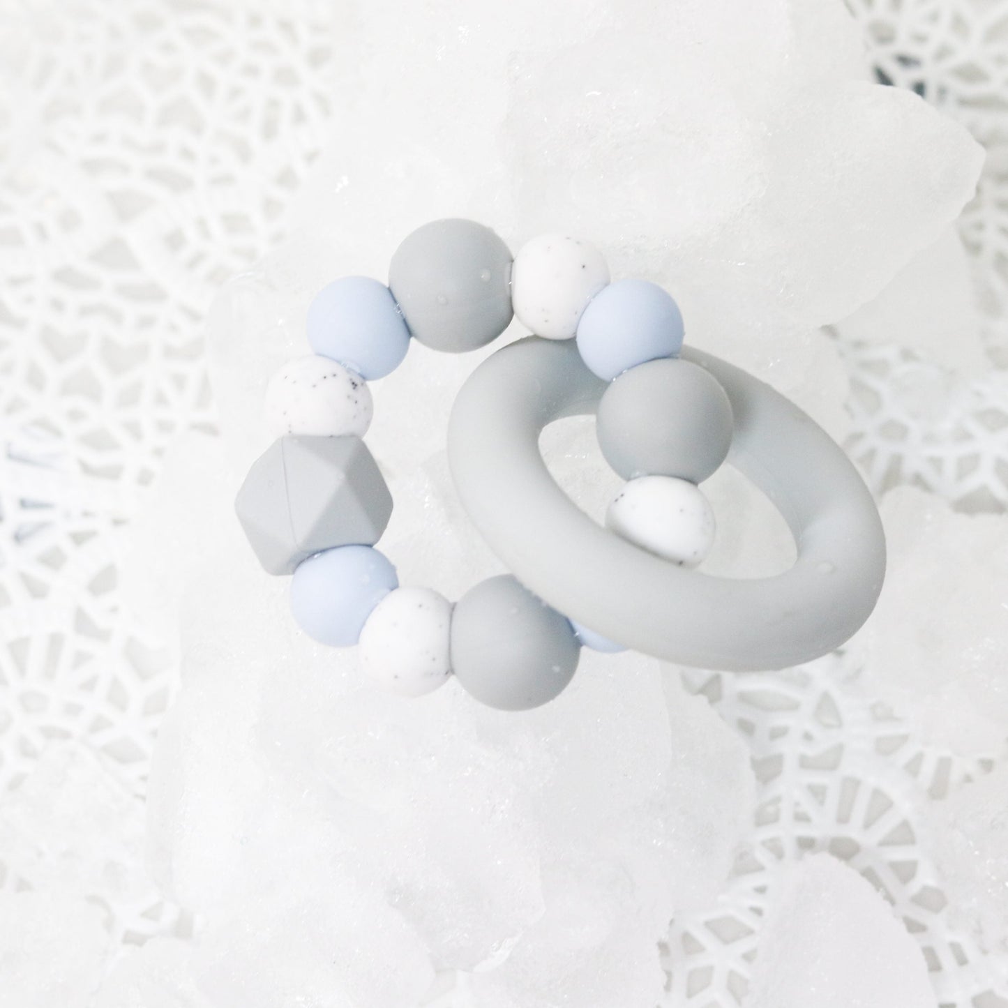 Silicone Teether Teething Ring Pastel Blue Light grey and Granite