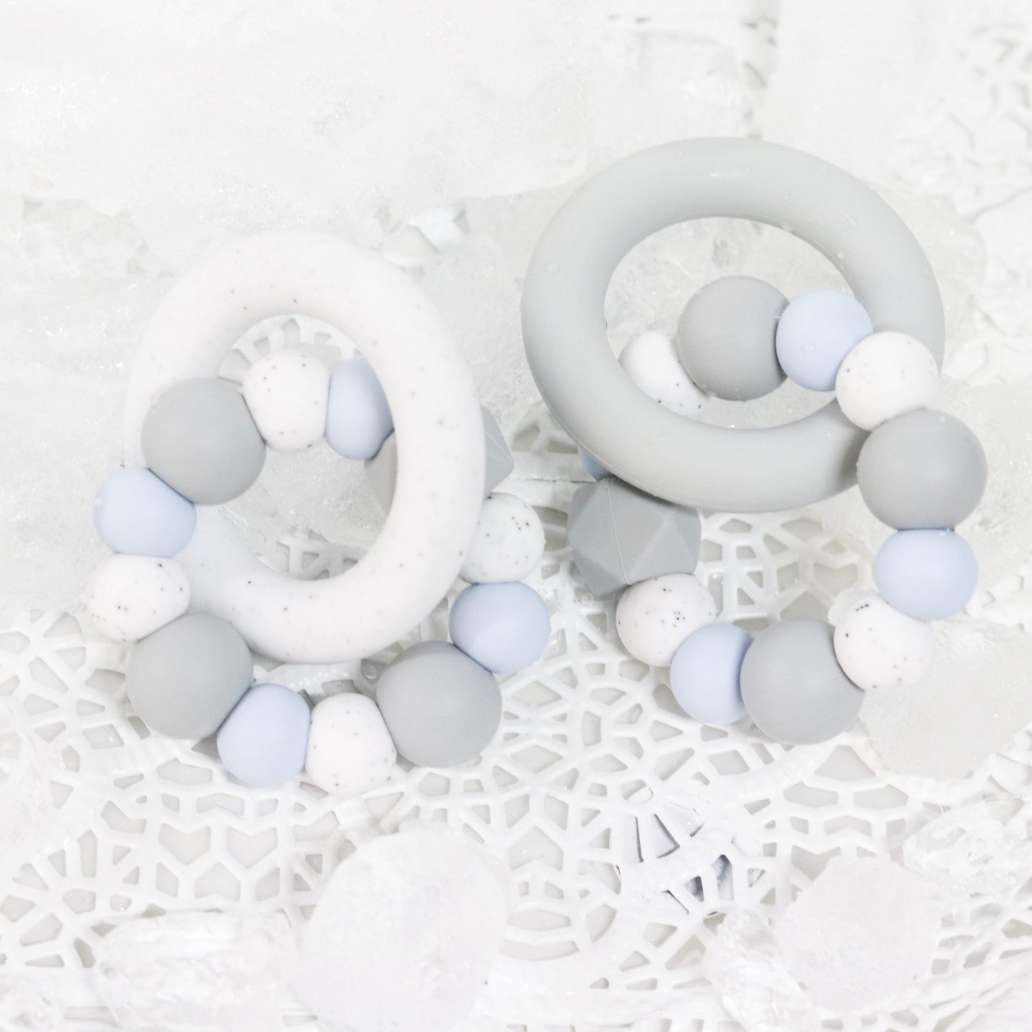 Silicone Teether Teething Ring Pastel Blue Light grey and Granite