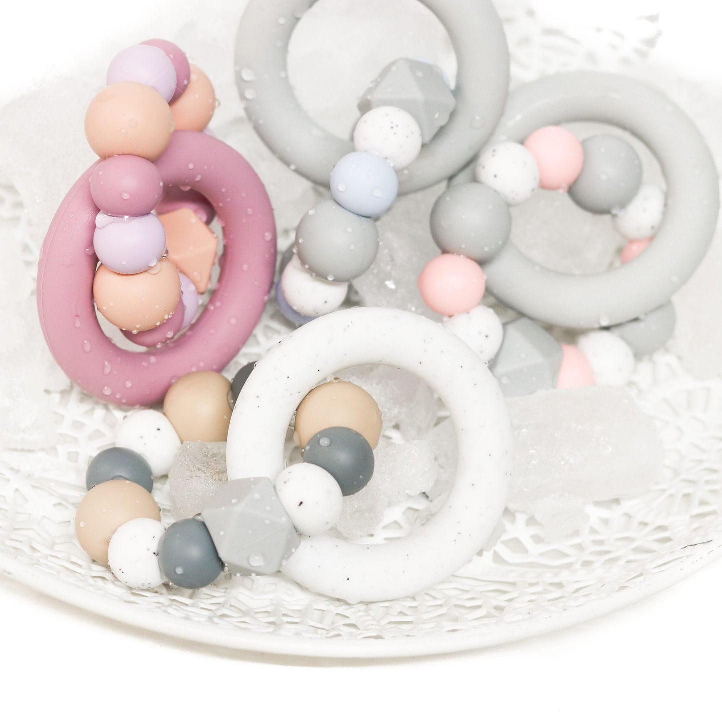 Silicone Teether Teething Ring Rose Quartz Granite and Light Grey