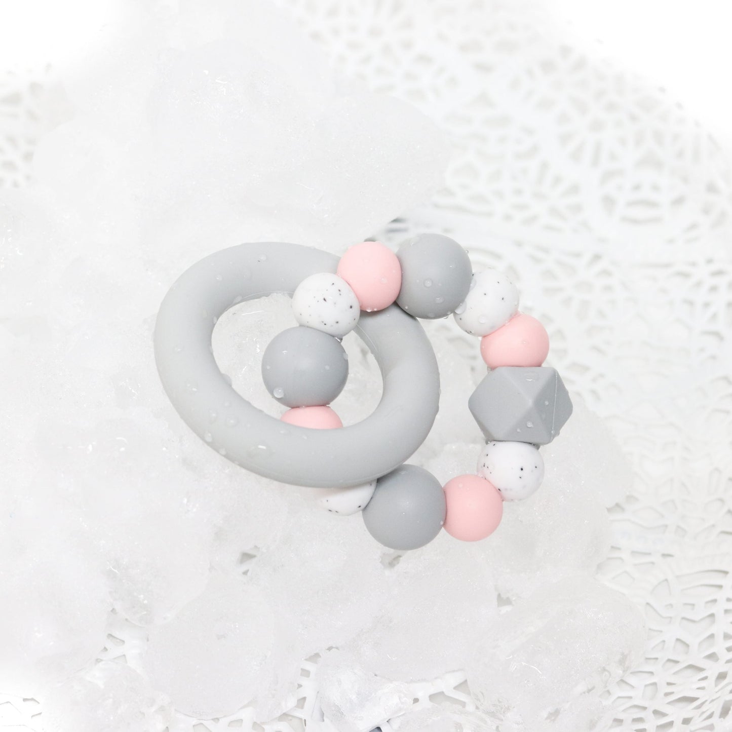 Silicone Teether Teething Ring Rose Quartz Granite and Light Grey