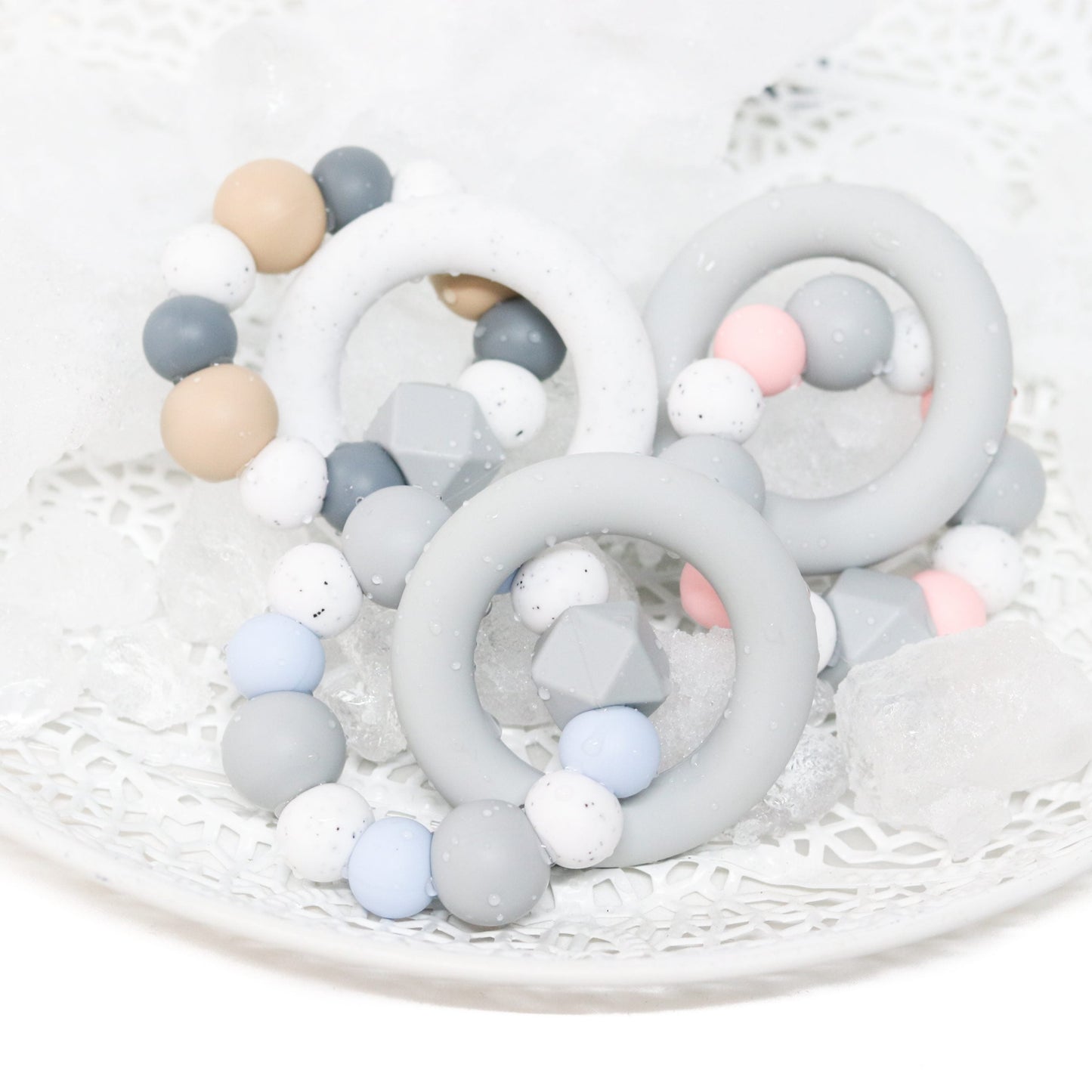 Silicone Teether Teething Ring Rose Quartz Granite and Light Grey