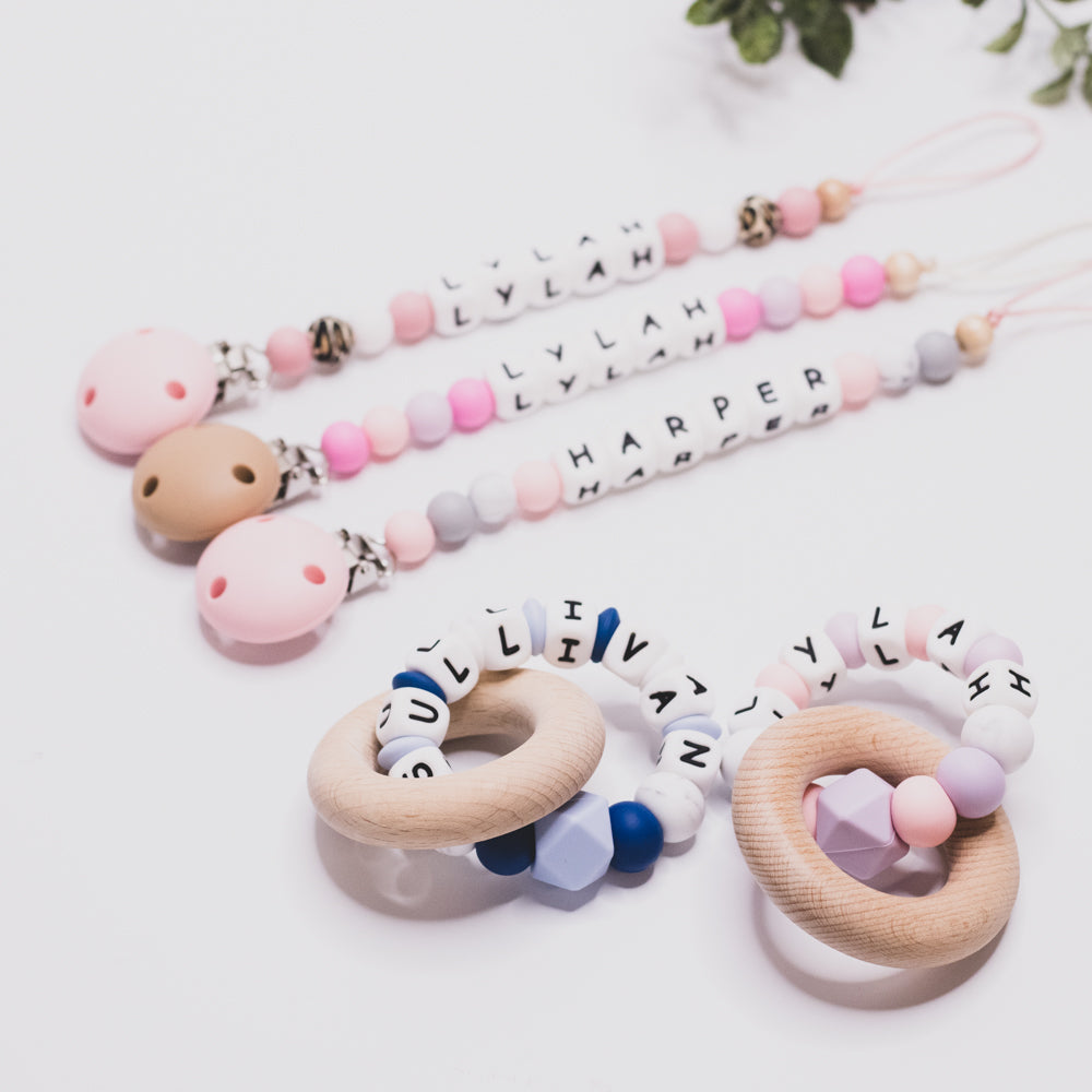 Personalised dummy clip dummy chain custom baby name announcement