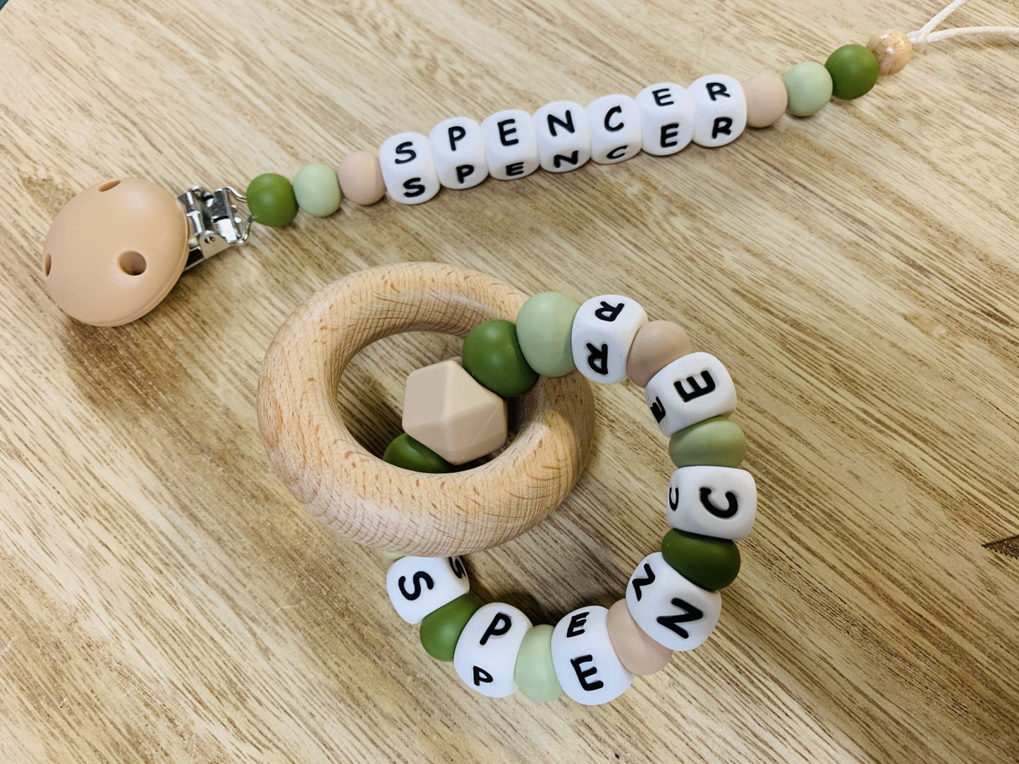 Silicone Wood Teether Personalised teething ring Army Greeen, Lint & Oatmeal