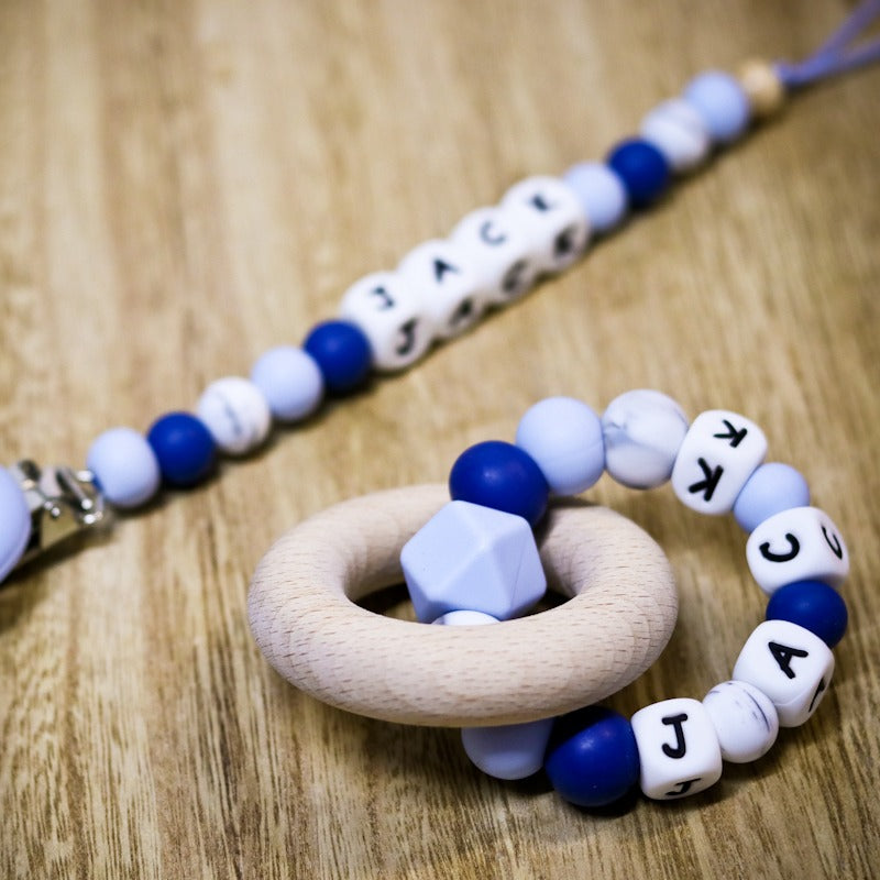 Silicone Wood Teether Personalised teething ring Baby Blue, Sapphire & Marble