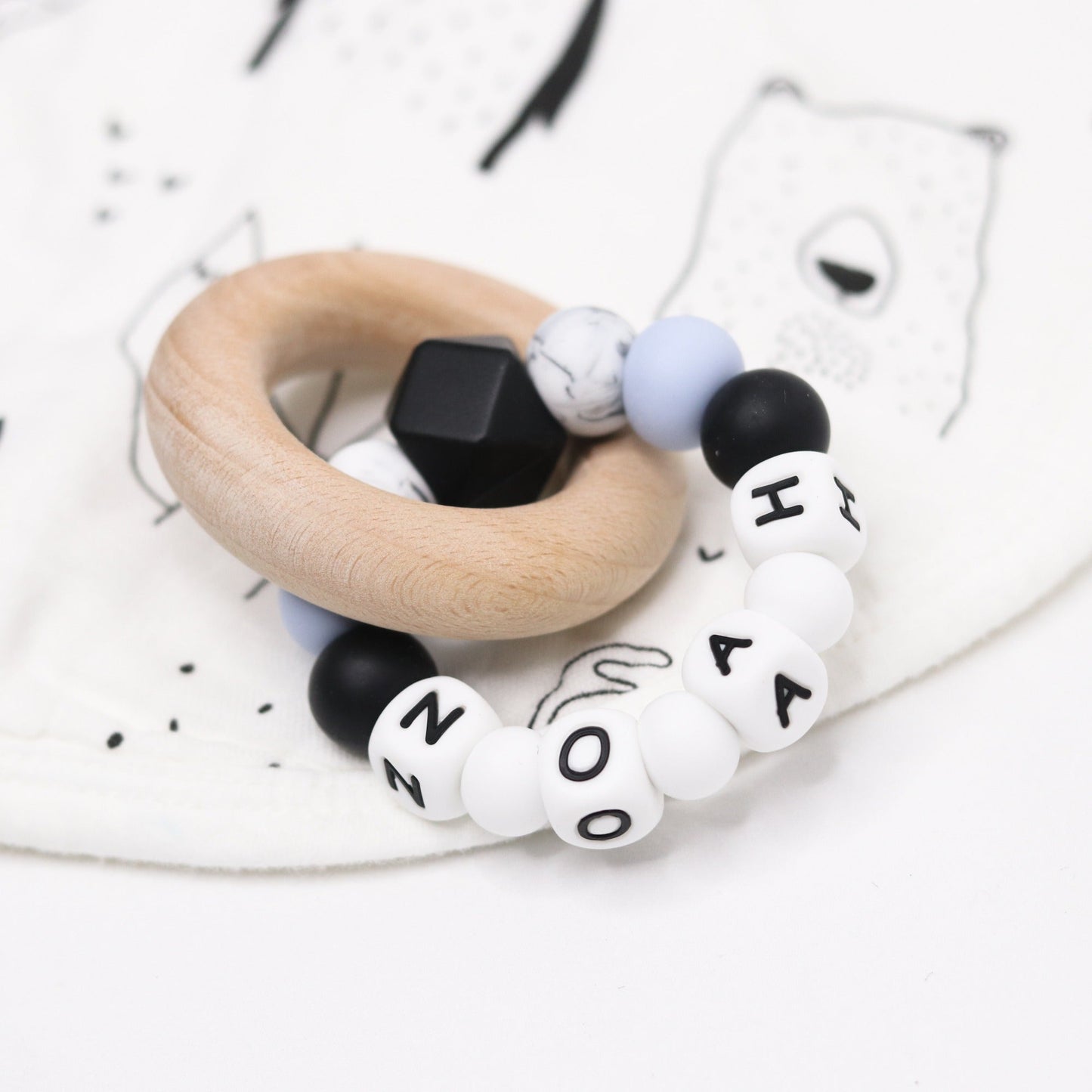 Silicone Wood Teether Personalised teething ring Blue, White, Black & Marble