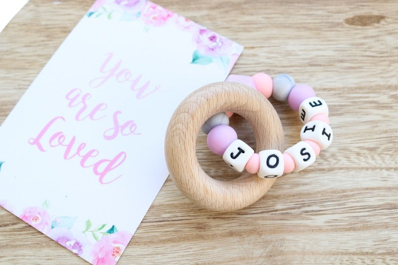 Silicone and Wood Ring Teether - PERSONALISED NAME
