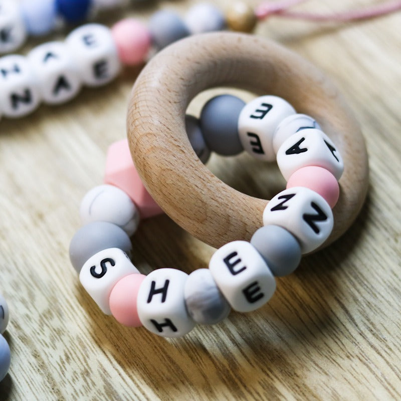 Silicone Wood Teether Personalised teething ring Rose Quartz, Light Grey & Marble
