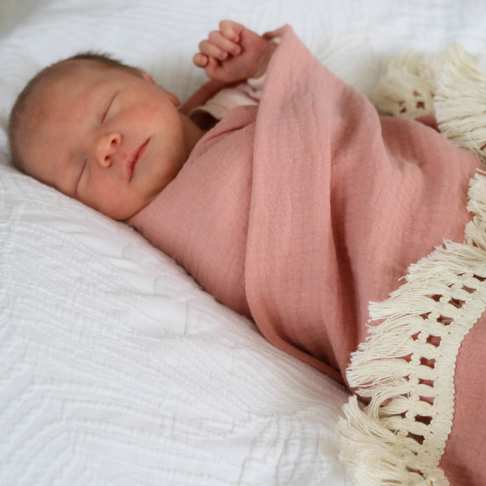Swaddle Fringe Blankets Cotton 120cm x 100cm Beautiful leopard print. Soft to touch and gentle against the skin. Our muslin cotton blankets are ideal for swaddling, use as a pram cover, nursing cover, burp cloth or play mat. Measuring 120cm x 100cm and made from cotton muslin with the added fringe, these swaddles are breathable and their generous size makes swaddling easy.