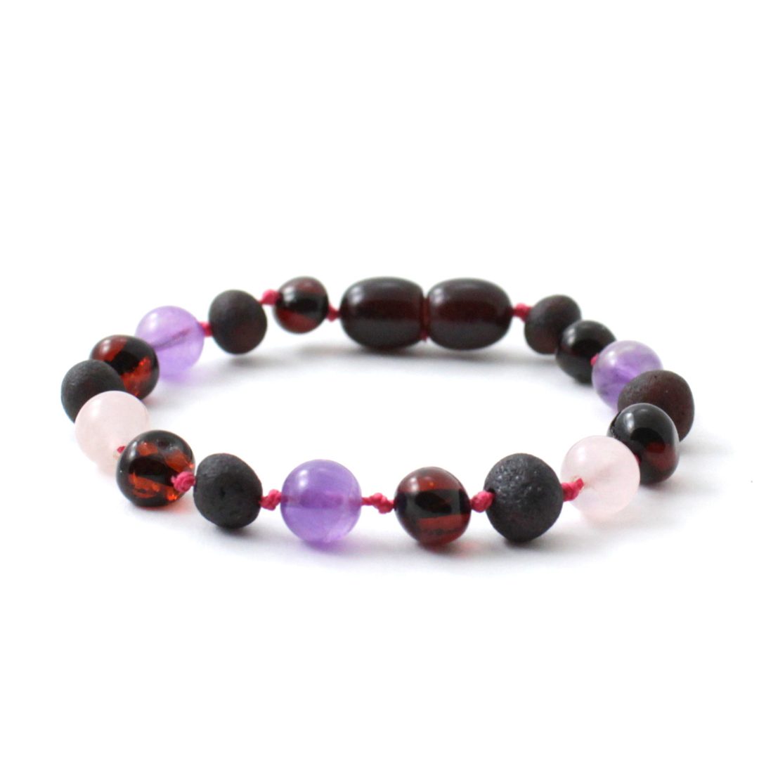 Amber Bracelet Cherry Rose Quartz & Amethyst | Baby 14cm