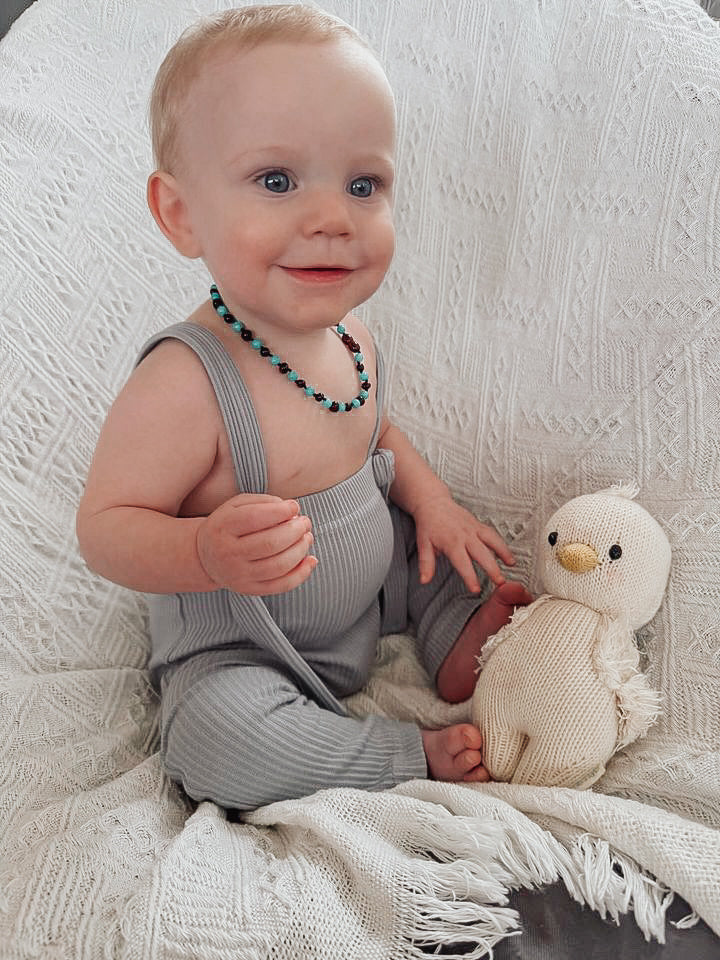 Amber Necklace Cognac Raw Cat Eye Rose Quartz & Striped Agate | Baby 32cm