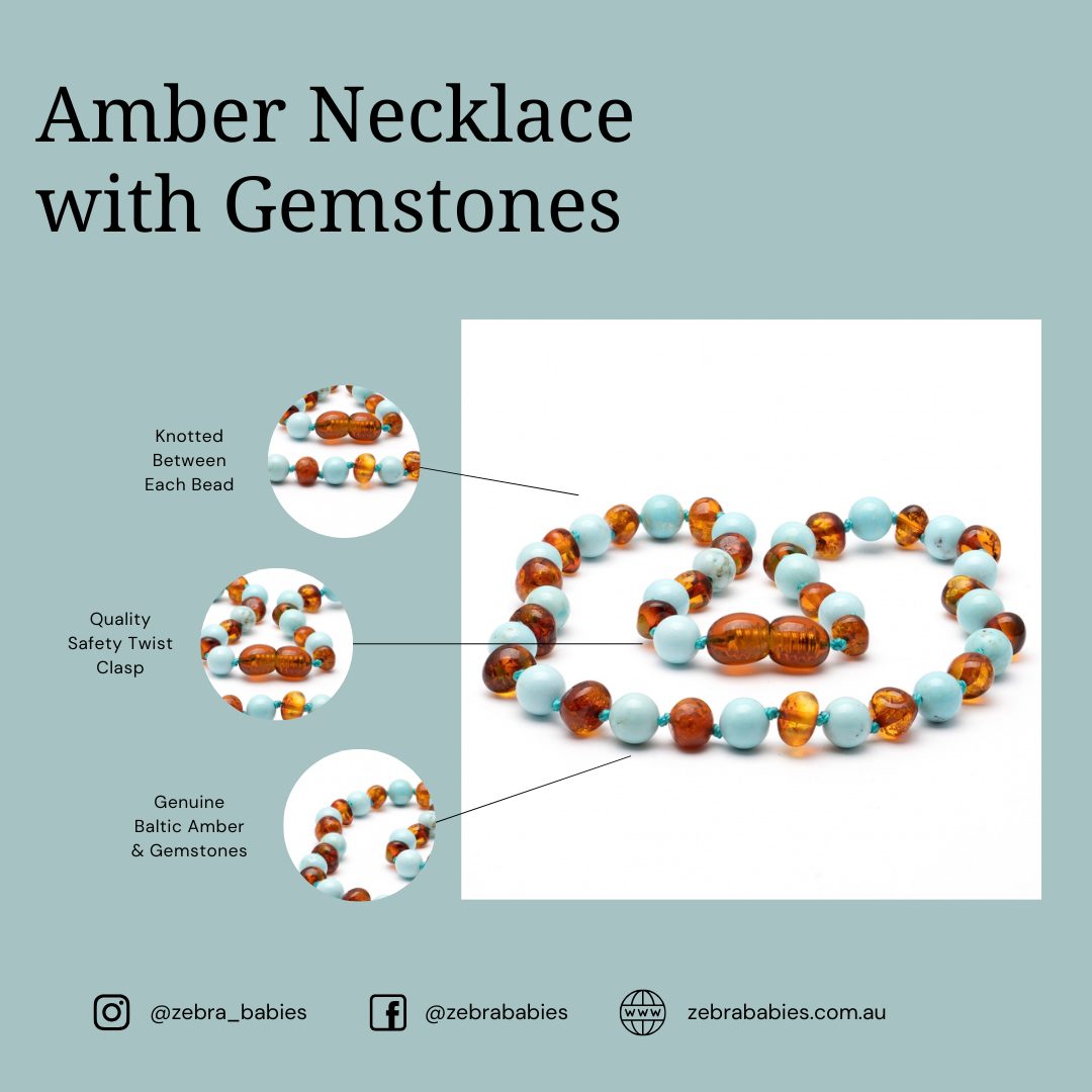 Amber Necklace Cognac Raw Cat Eye Rose Quartz & Striped Agate | Baby 32cm