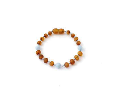 Amber Bracelet Cognac Raw & Aquamarine | Baby 14cm