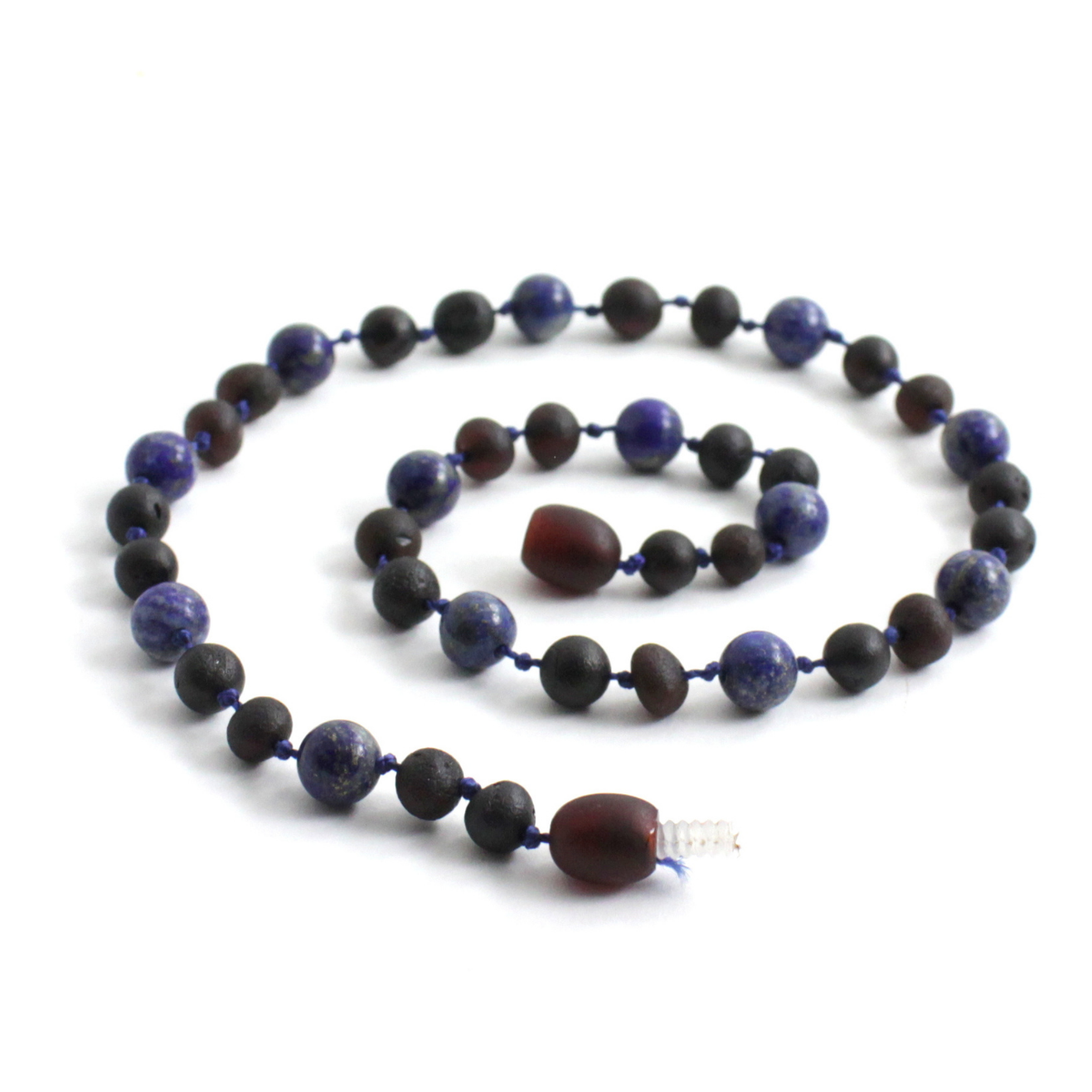 Amber Necklace Cherry, Cherry Raw & Lapis Lazuli | Baby 32cm Our Amber necklaces imported directly from Lithuania, the home of Baltic Amber and the Baltic Sea, where they are beautiful handmade. Baltic Amber necklaces help with teething symptoms as well as looking great. Amber beads are a great natural solution to assist your child through the misery of teething!