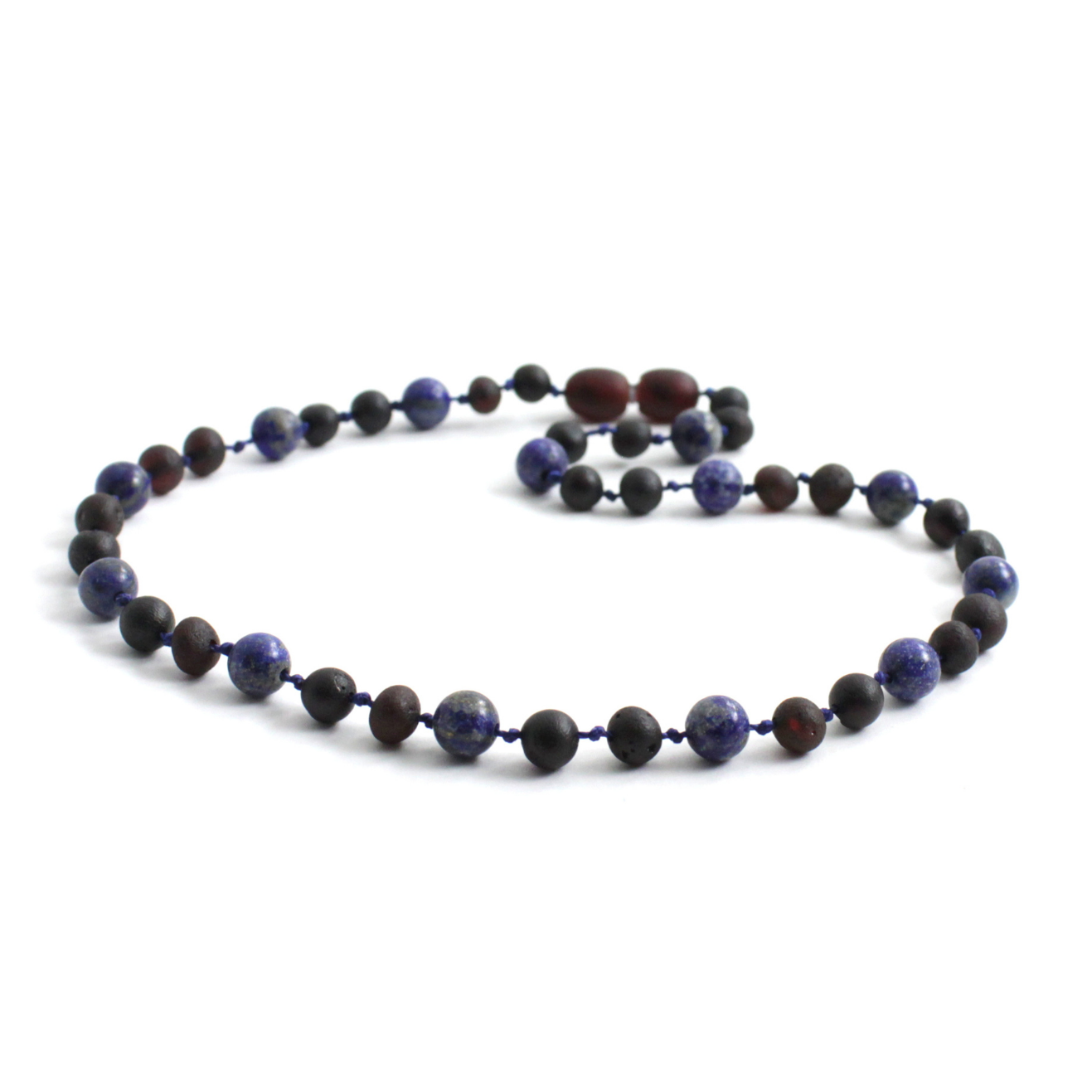 Amber Necklace Cherry, Cherry Raw & Lapis Lazuli | Baby 32cm Our Amber necklaces imported directly from Lithuania, the home of Baltic Amber and the Baltic Sea, where they are beautiful handmade. Baltic Amber necklaces help with teething symptoms as well as looking great. Amber beads are a great natural solution to assist your child through the misery of teething!