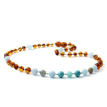 Amber Necklace Cognac, Labradorite, Aquamarine, Turquoise and Amazonite | Baby 32cm Our Amber necklaces imported directly from Lithuania, the home of Baltic Amber and the Baltic Sea, where they are beautiful handmade. Baltic Amber necklaces help with teething symptoms as well as looking great.