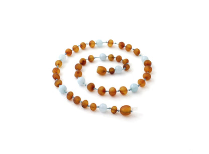 Amber NECKLACE Baby Cognac Raw & Aquamarine | 32cm