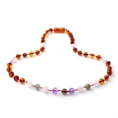 Amber Necklace Cognac,Rose Quartz, Smoky Quartz, Labradorite and Amethyst | Baby 32cm