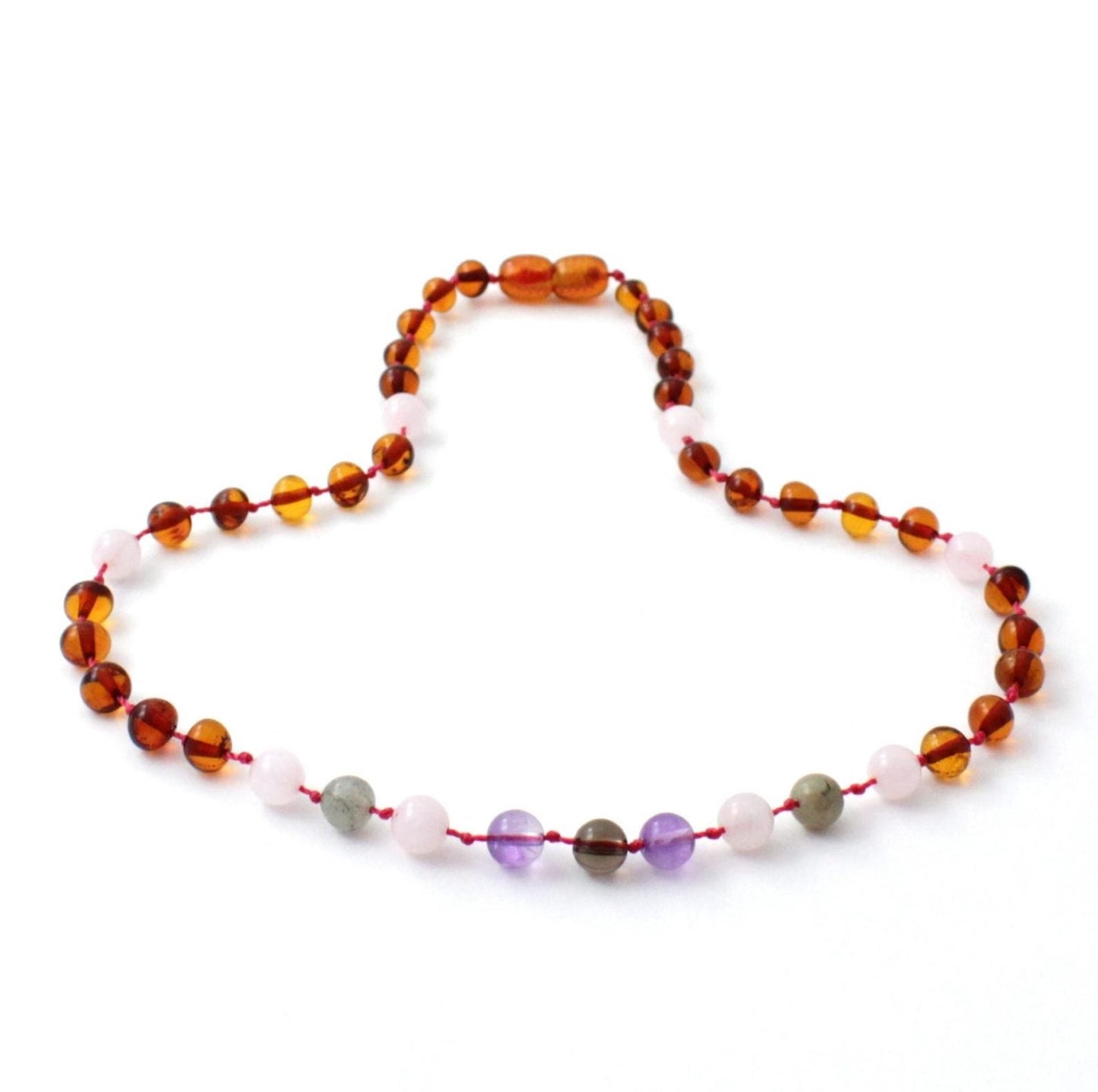 Amber Necklace Cognac,Rose Quartz, Smoky Quartz, Labradorite and Amethyst | Baby 32cm
