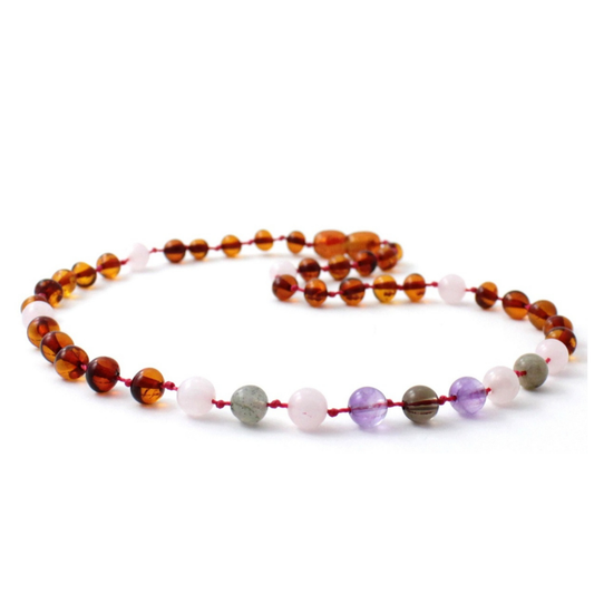 Amber Necklace Cognac, Rose Quartz, Smoky Quartz, Labradorite and Amethyst | Baby 32cm 36cm Our Amber necklaces imported directly from Lithuania, the home of Baltic Amber and the Baltic Sea, where they are beautiful handmade. Baltic Amber necklaces help with teething symptoms as well as looking great. Amber beads are a great natural solution to assist your child through the misery of teething!