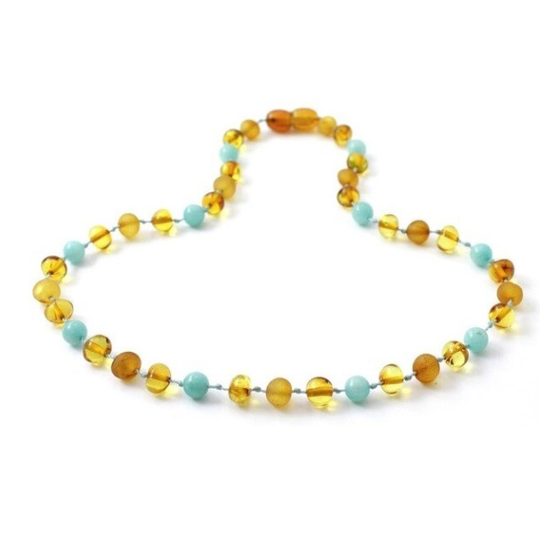 Amber Necklace Honey Polished & RAW Amazonite | Baby 32cm