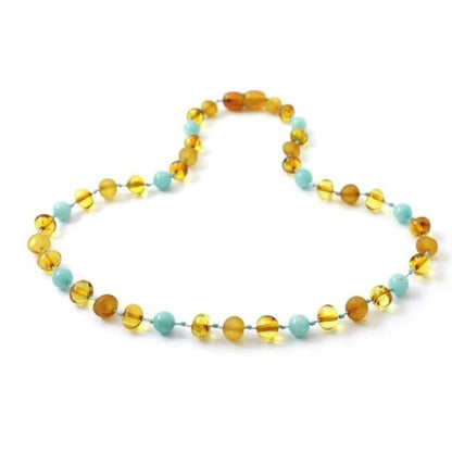 Amber Necklace Honey Polished & RAW Amazonite | Baby 32cm