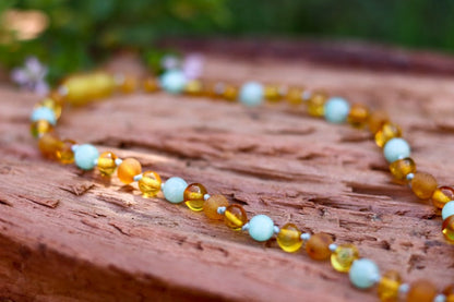 Amber Necklace Honey Polished & RAW Amazonite | Baby 32cm