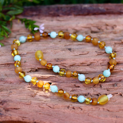 Amber Necklace Honey Polished & RAW Amazonite | Baby 32cm