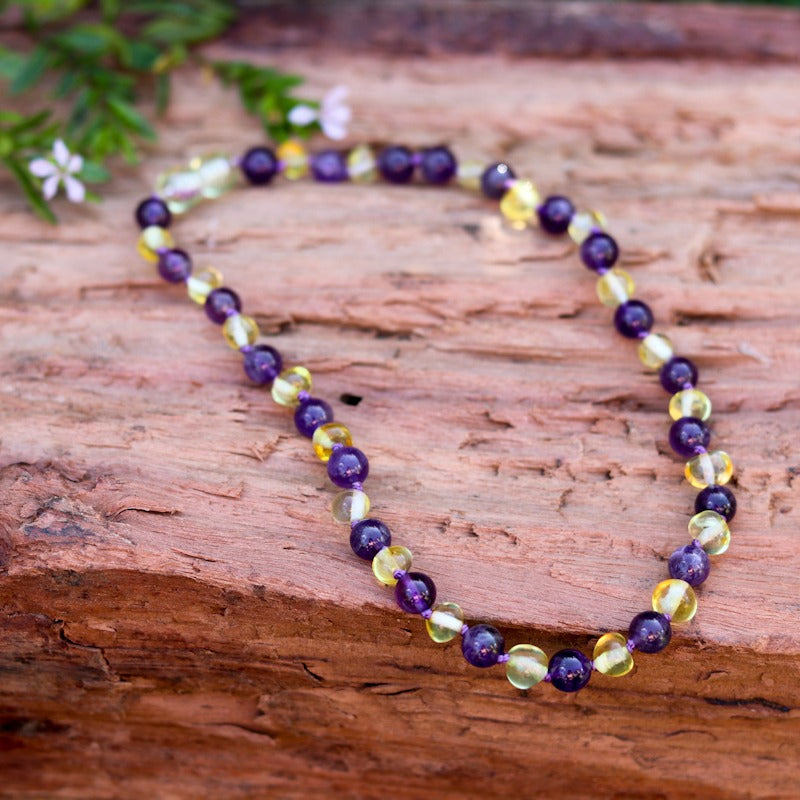 Amber Necklace Lemon & Amethyst | Baby 32cm