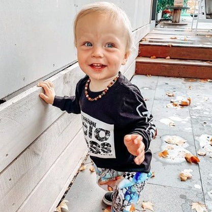 Amber Necklace Cognac Raw Cat Eye Rose Quartz & Striped Agate | Baby 32cm