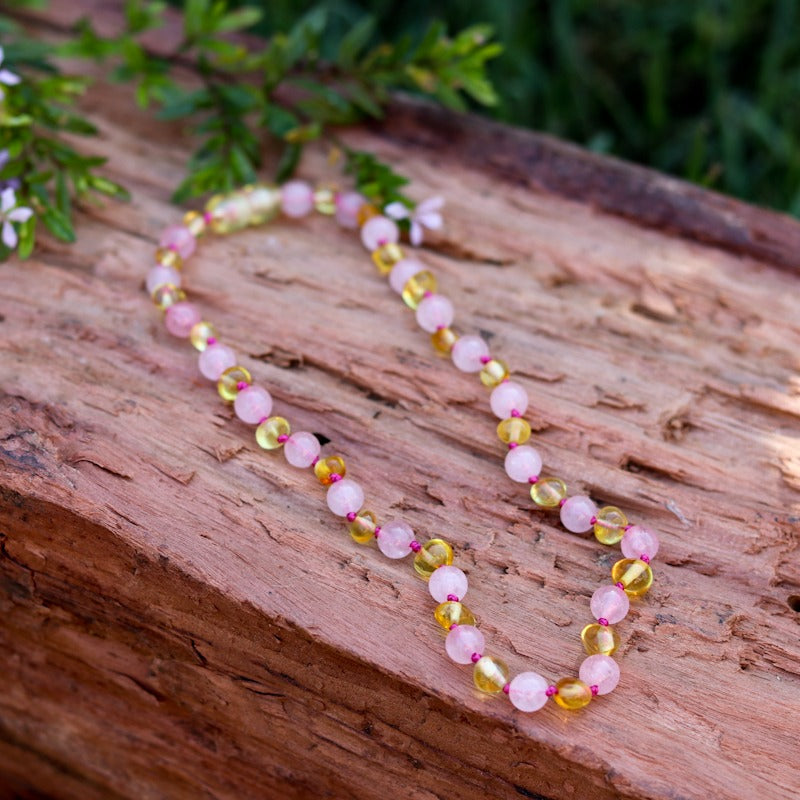 Amber Necklace Lemon & Rose Quartz | Baby 32cm