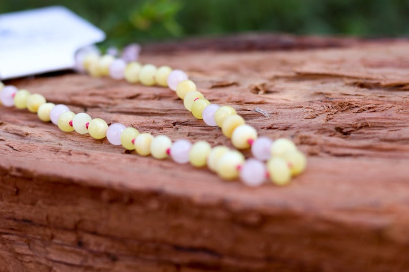 Amber Necklace Milky Polished Raw & Rose Quartz | Baby 32cm