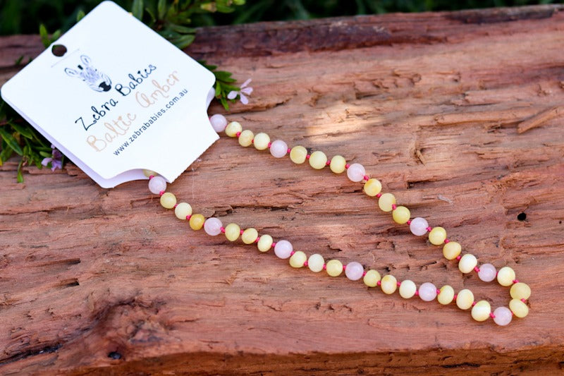 Amber Necklace Milky Polished Raw & Rose Quartz | Baby 32cm
