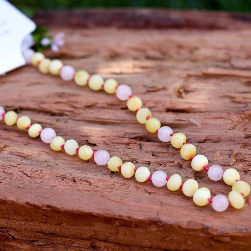 Amber Necklace Milky Polished Raw & Rose Quartz | Baby 32cm
