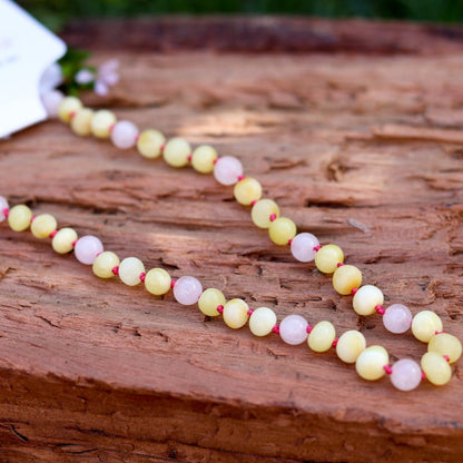 Amber Necklace Milky Polished Raw & Rose Quartz | Baby 32cm